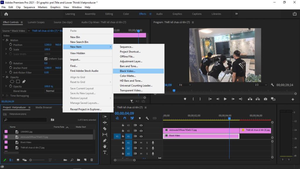 Chọn New Item > Black video Chọn New Item > Black video