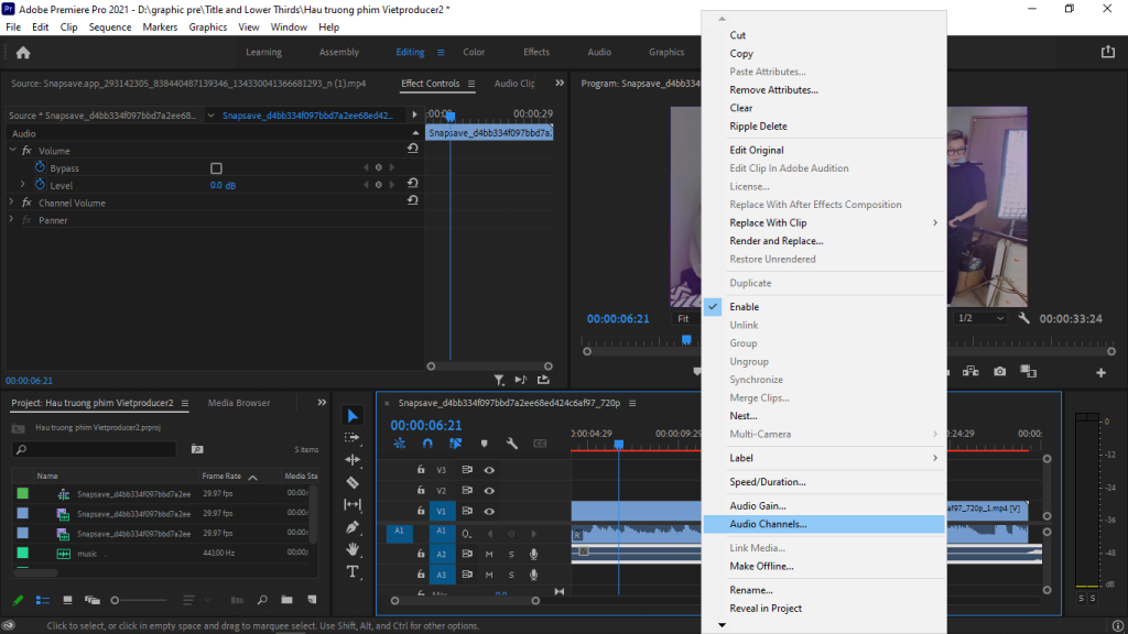 chỉnh âm thanh trong Premiere